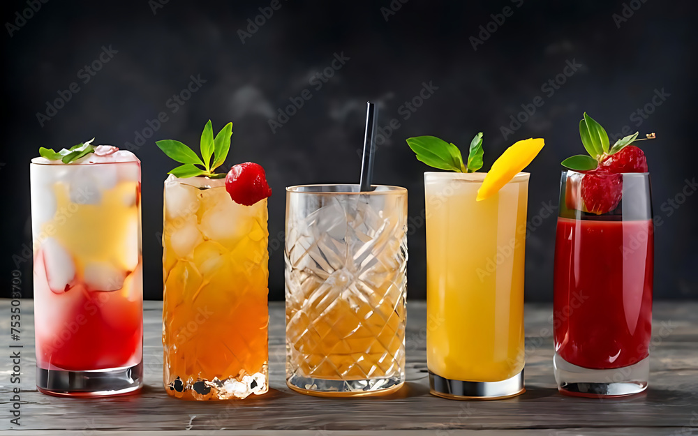 Different cocktails or longdrinks garnished with fruits Different cocktails or longdrinks garnished with fruits