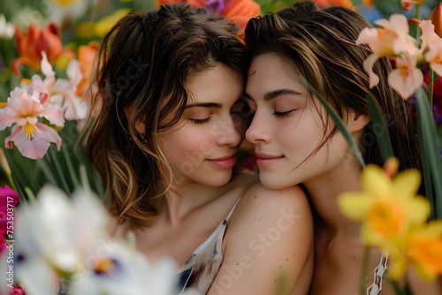 a couple of beautiful girls on a background of spring flowers generated by AI