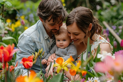 happy married couple husband and wife hugging their baby in spring garden