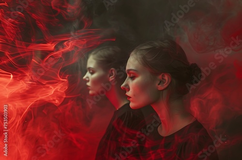 portrait of a beautiful girl on red background generated by AI