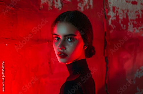 portrait of a beautiful girl on red background generated by AI