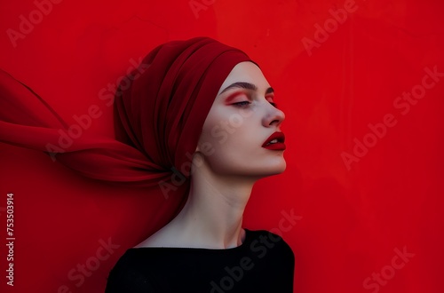 portrait of a beautiful girl on red background generated by AI