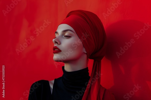 portrait of a beautiful girl on red background generated by AI