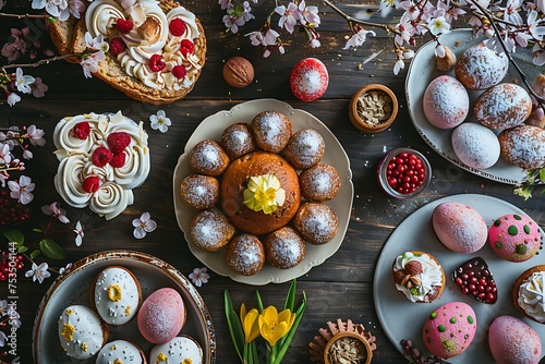Easter table decorated with flowers, painted eggs and sweets generated by AI