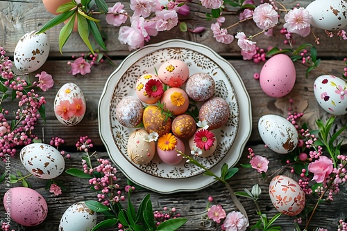 Easter table decorated with flowers, painted eggs and sweets generated by AI