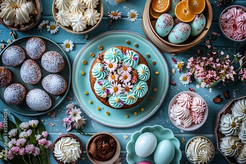 Easter table decorated with flowers, painted eggs and sweets generated by AI