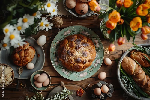 table with Easter food top view generated by AI