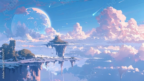 Sci-Fi Landscape with Giant Moon and Floating Islands  A science fiction-inspired digital artwork featuring a colossal moon looming over serene floating islands amidst a tranquil cloud-filled sky. 