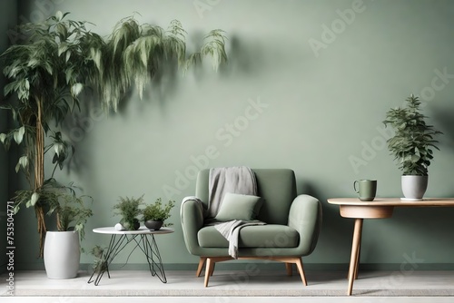 Modern cozy living room with monochrome sage green wall. Contemporary interior design with trendy wall color, table, house plants and chair.