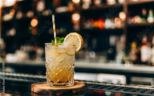 Cocktail with ice lemon and straw on the bar counter