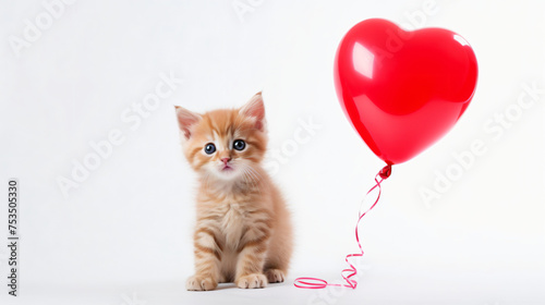Cute kitten with heart shaped balloon