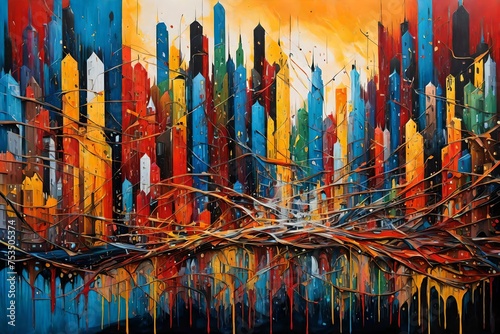 An abstract painting of a cityscape with vibrant paint drips depicting the energy and movement of urban life in a visually striking way.