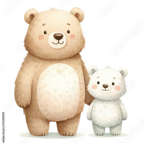 Papa bear and baby bear illustrations. watercolor illustration, Cute Father Bear With Kid. Parenting cartoon, bear parent and kid. cute father's day.