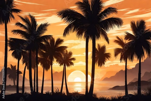 Silhouette of palm trees at tropical sunrise or sunset