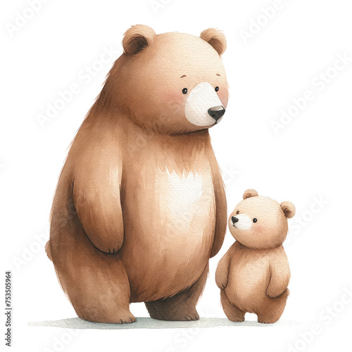 Papa bear and baby bear illustrations. watercolor illustration, Cute Father Bear With Kid. Parenting cartoon, bear parent and kid. cute father's day. photo