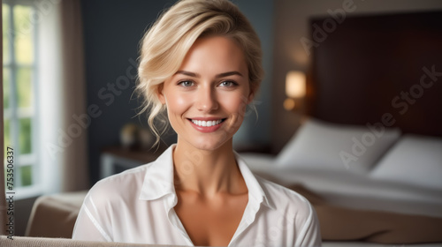 A woman with blonde hair and a white shirt is smiling at the camera. She is sitting on a couch in a room with a bed in the background