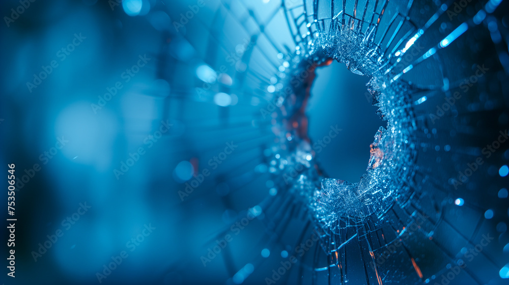 Abstract image of shattered glass tunnel in blue tones with light effects - obrazy, fototapety, plakaty 