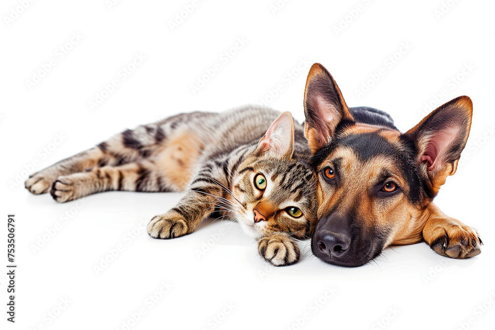 Obraz premium A dog and a cat sitting peacefully together next to each other on a white background. The concept of friendship between animals. Veterinary medicine, animal care.