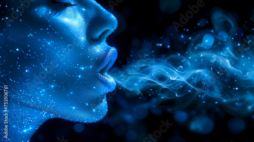 Profile of a woman with blue glowing skin exhaling swirls of light and music notes