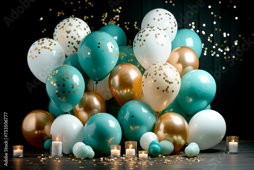 Green, white and gold balloons, serpentine and confetti. Festive background with copyspace for your design. Happy Birthday concept.
