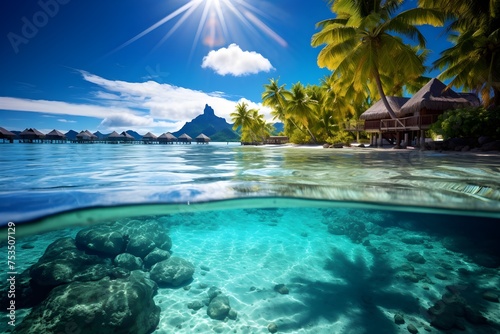 Tropical island with palm trees and rock in the water A peaceful and tranquil lagoon in Bora Bora French Polynesia AI Generated 