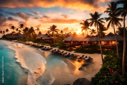 Tropical resort with sunset near beach