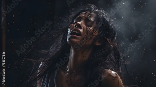 Tears of Darkness: Woman in Emotional Distress Crying Alone, Blood and Sparks in Hair, Intense Trauma and Despair" "Sorrowful Faces: Woman's Tearful Agony, Dark and Lonely, Emotional Trauma and Grief 
