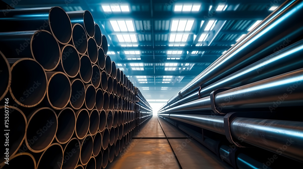 High quality steel pipes stored in warehouse