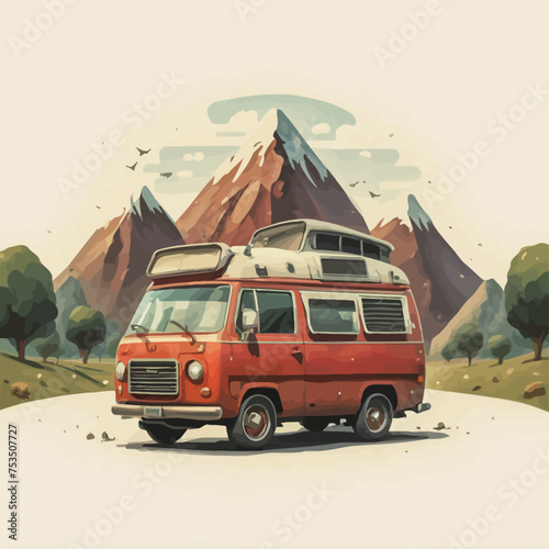 Vector image of classic campervan with mountain background.