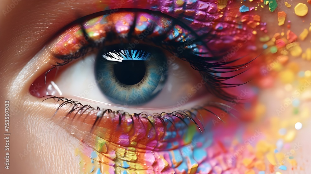 Vivid Eye Art: Close-Up Human Beauty in Multicolored Paint Strokes