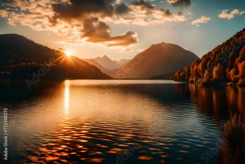 Sunset over the lake. Amazing panorama landscape