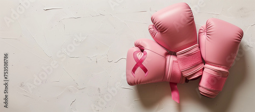 Flatlay Pink fighting boxing gloves with female cancer ribbon for chemo support awareness month charity fundraiser events for oncology screening womens health plain simple banner background no people  photo