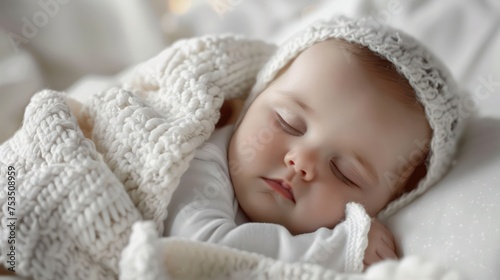 Newborn baby girl sleeping in modern white clothes, wrapped in a white blanket, looking cute and adorable