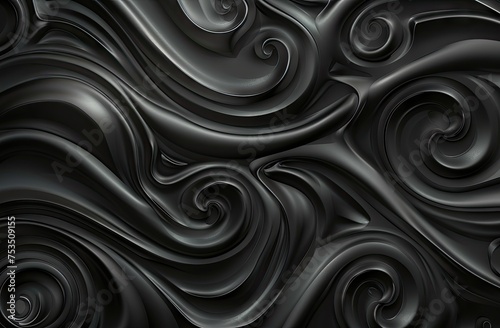 silky matte black texture with curls and heart shaped designs with swirls and waves abstracted on a dark blue and black shiny background