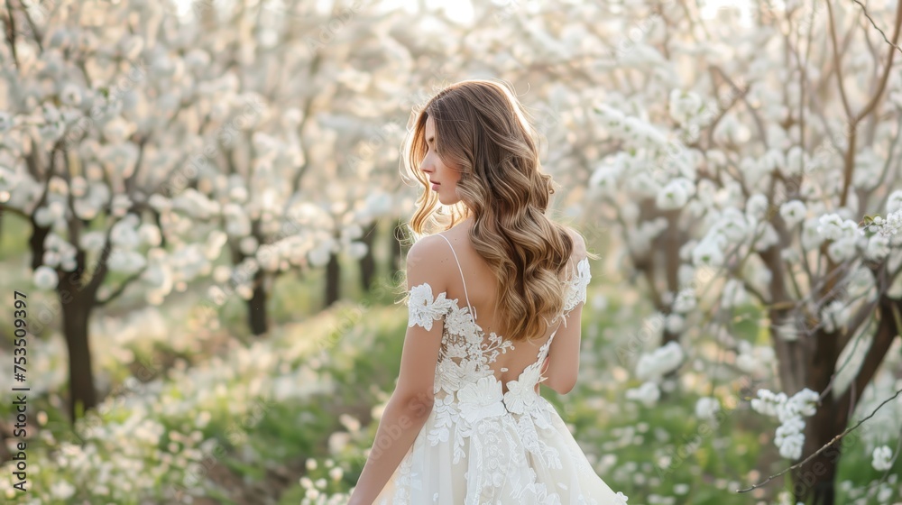 A serene bride in an elegant white lace dress enjoys a tranquil moment in a lush orchard of spring blossoms. A serene bride in an elegant white lace dress enjoys a tranquil moment in a lush orchard of spring blossoms.