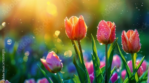 Fresh tulips glistening with dewdrops under the golden morning sun, signifying the start of spring.