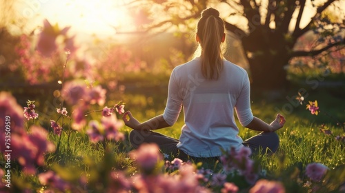 An individual finds serenity during a yoga session surrounded by the vibrant colors and soft light of springtime blossoms at sunset.