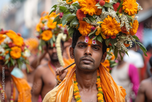 The devotion and spiritual fervor of devotees as they undertake the long Thaipusam procession. Soft focus.