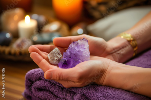 A therapeutic reiki session with crystals  portraying a sense of spiritual healing and balance.