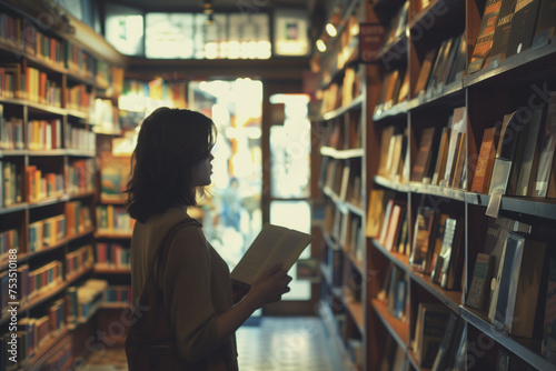 Woman reading in a cozy bookstore aisle. © connel_design