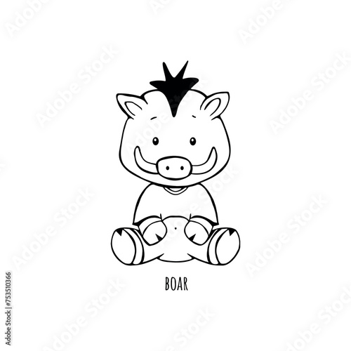 boar baby sitting line vector drawing for coloring. cute boar vector sketch