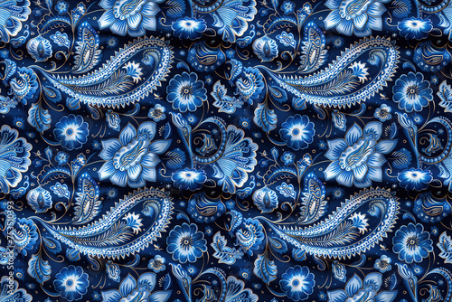 seamless pattern with traditional oriental Indian paisley ornament texture on blue background for fabric decor photo