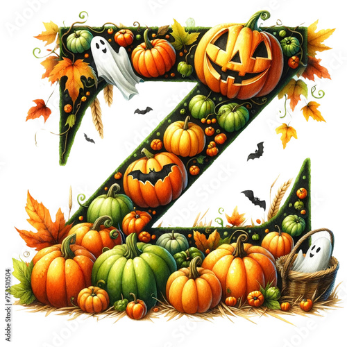 Watercolor letter "Z" with Halloween Pumpkin Patch clipart, hand drawn, clipart, alphabet, PNG