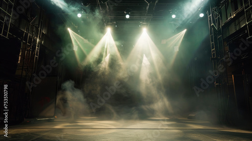 A dark empty stage with spotlights above and smoke rising © Adrian Grosu