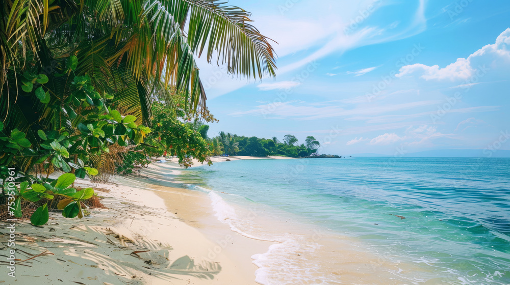 A paradise tropical beach with blue sea, white sand and palm trees