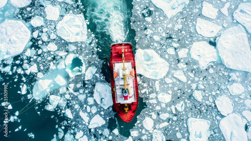 An ice breaker breaking ice, aerial view photo