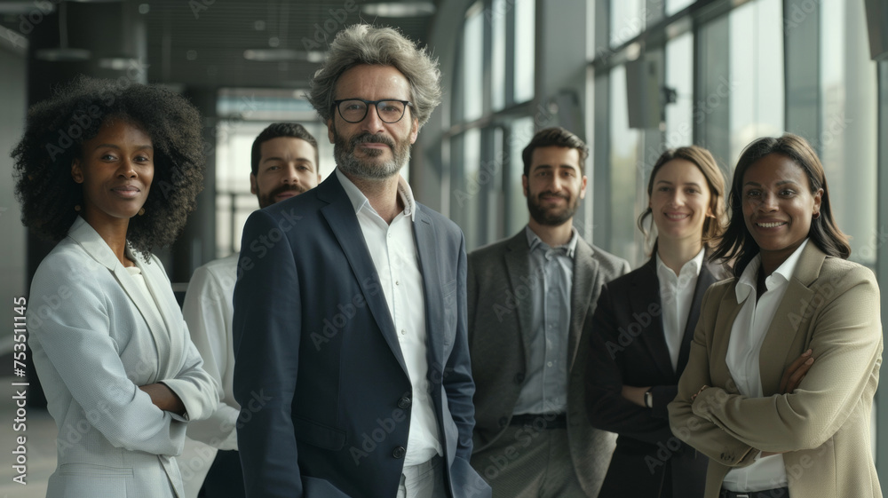 Confident diverse team of professionals posing in an office setting. Confident diverse team of professionals posing in an office setting.