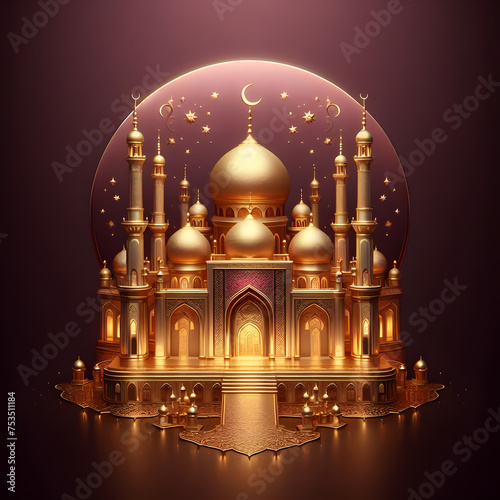 Golden Mosque, an Islamic festival, celebrating Ramadan, Isolated on a dark pink background, copy space