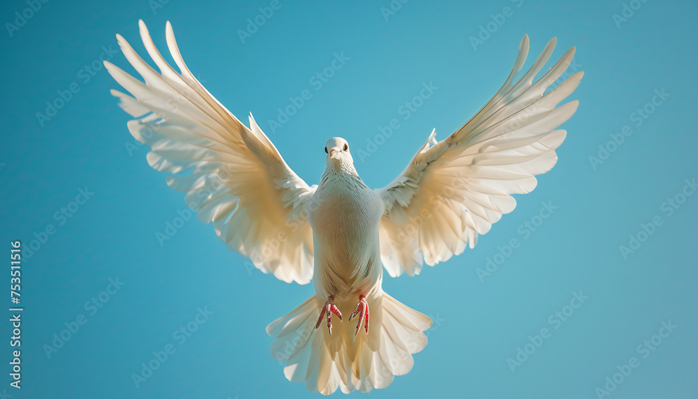 Obraz premium Recreation of a white dove, as Holy Spirit, flying with the wings extended in blue sky