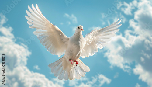 Recreation of a white dove, as Holy Spirit, flying with the wings extended in blue sky with white clouds